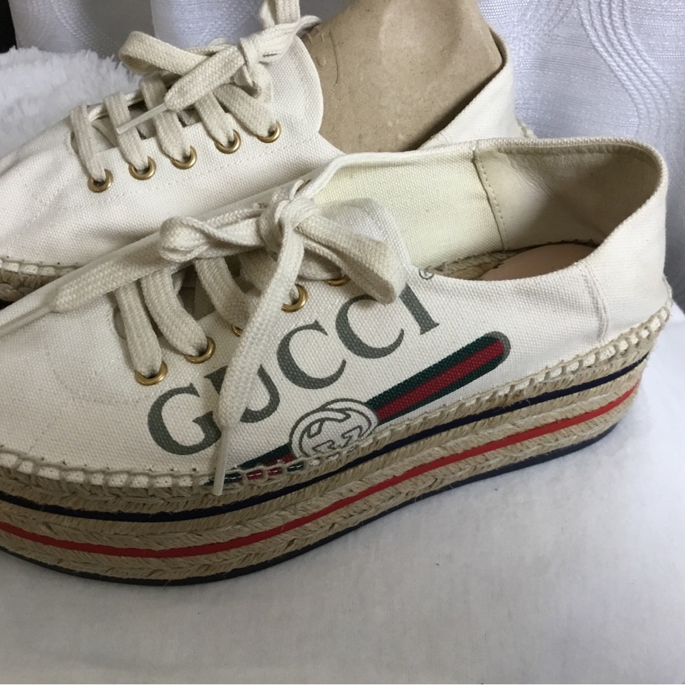 Gucci Cream Canvas Platform Espadrille Sneakers with Web Stripe - Picture 11 of 15